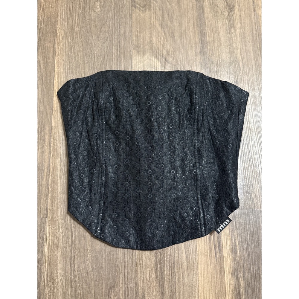 MIM Corset Top Women Size M Black Jacquard Lace Up Strapless Bustier Side Zip